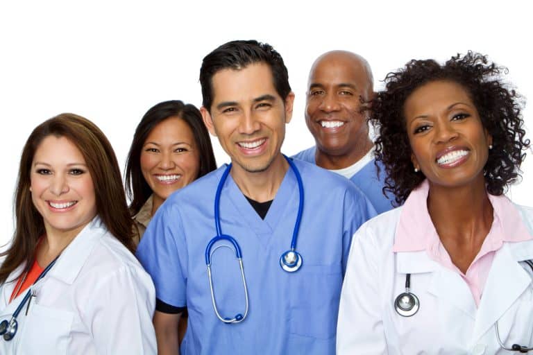 Diverse group of five healthcare professionals