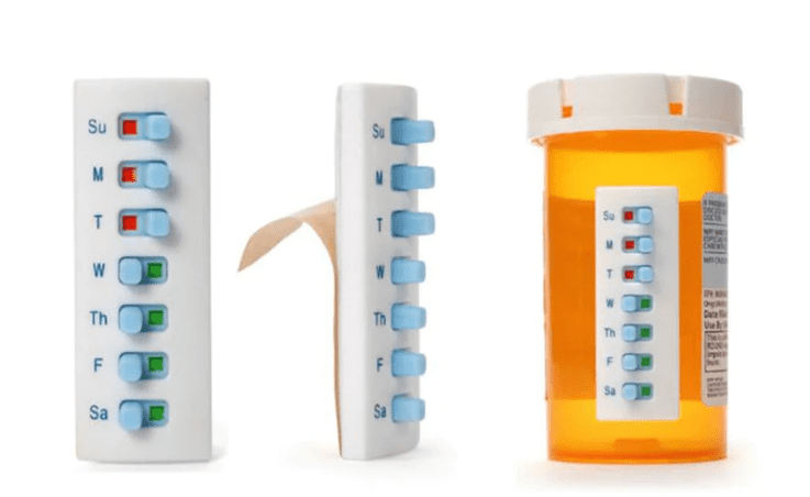Take and slide push button pill tracker on side of medicine bottle.